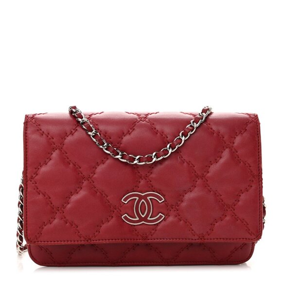 Chanel Calfskin Double Stitch Hamptons Wallet On Chain WOC Crossbody Red - Picture 1 of 10